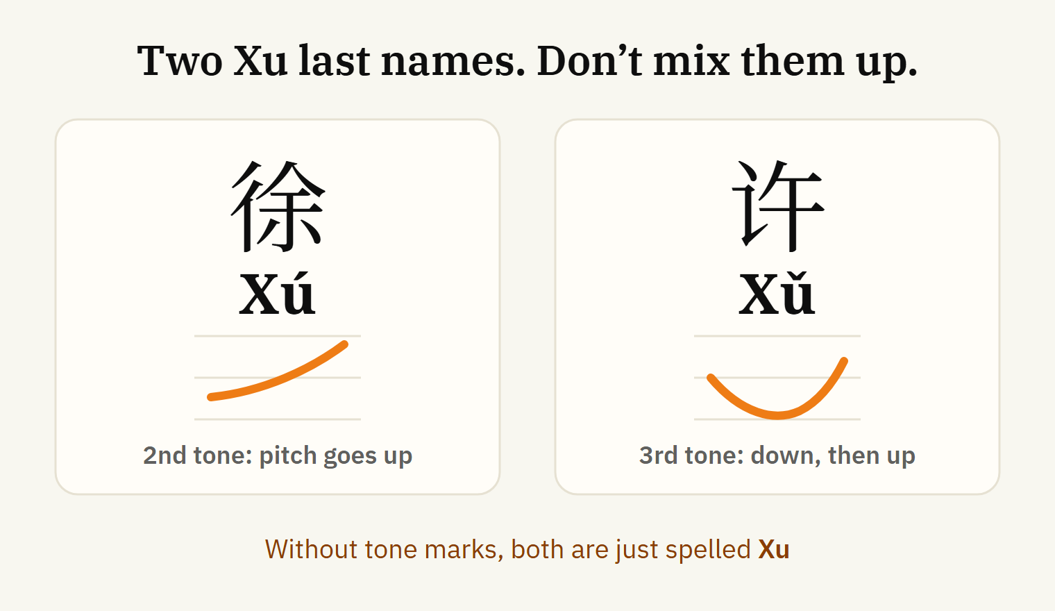 Two different last names spelled Xu: 徐 Xú with the second tone and 许 Xǔ with the third tone