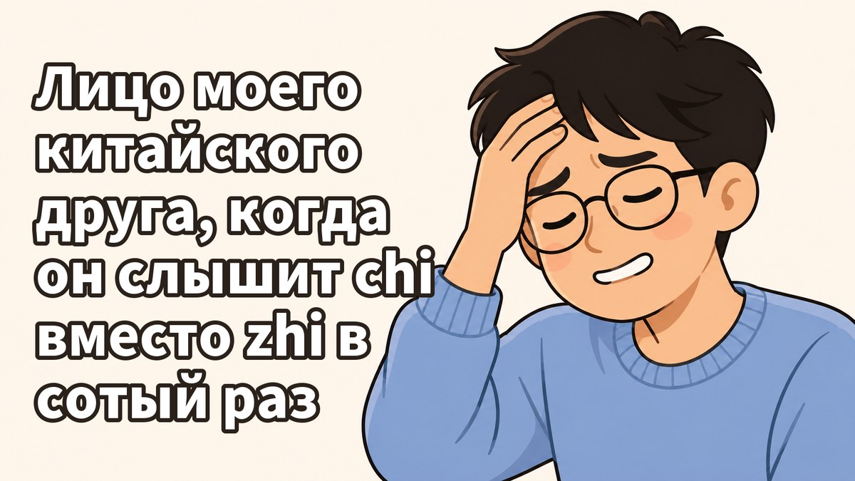 Мем: лицо китайского друга, когда он в сотый раз слышит chi вместо zhi