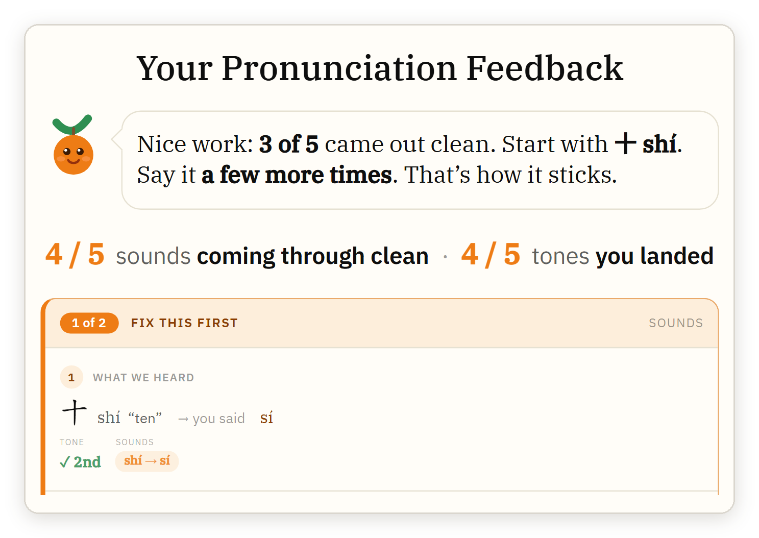 SayMandarin feedback screen: a note from Tangy, how many sounds and tones came out clean, and the first mistake it heard