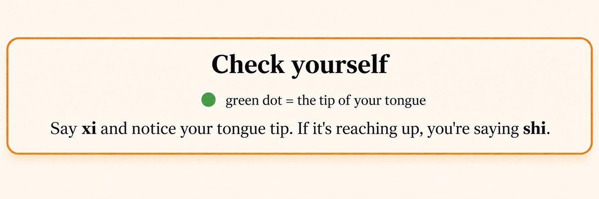 Check yourself: the green dot is the tip of your tongue, say xi