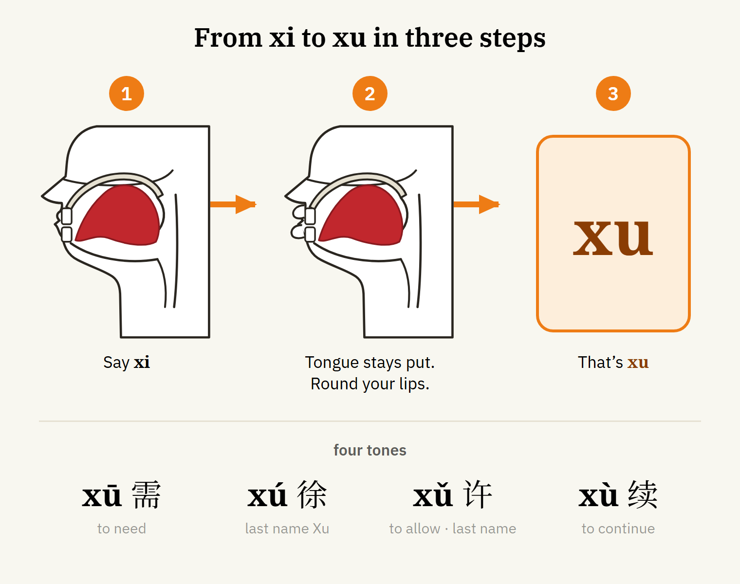 The syllable xu in three steps: say xi, round your lips and push them forward, and you'll get xu