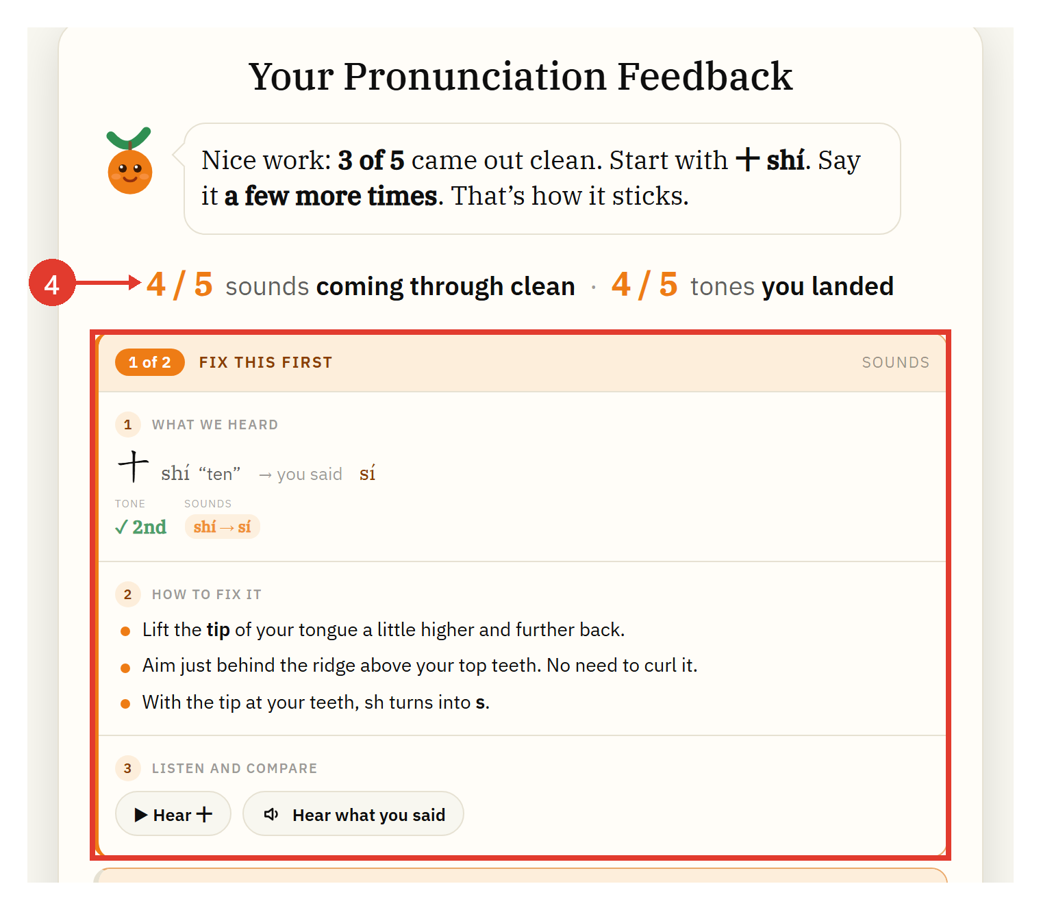 Your pronunciation feedback: a note from Tangy, how many sounds and tones you got right, and your main mistake with tips to fix it
