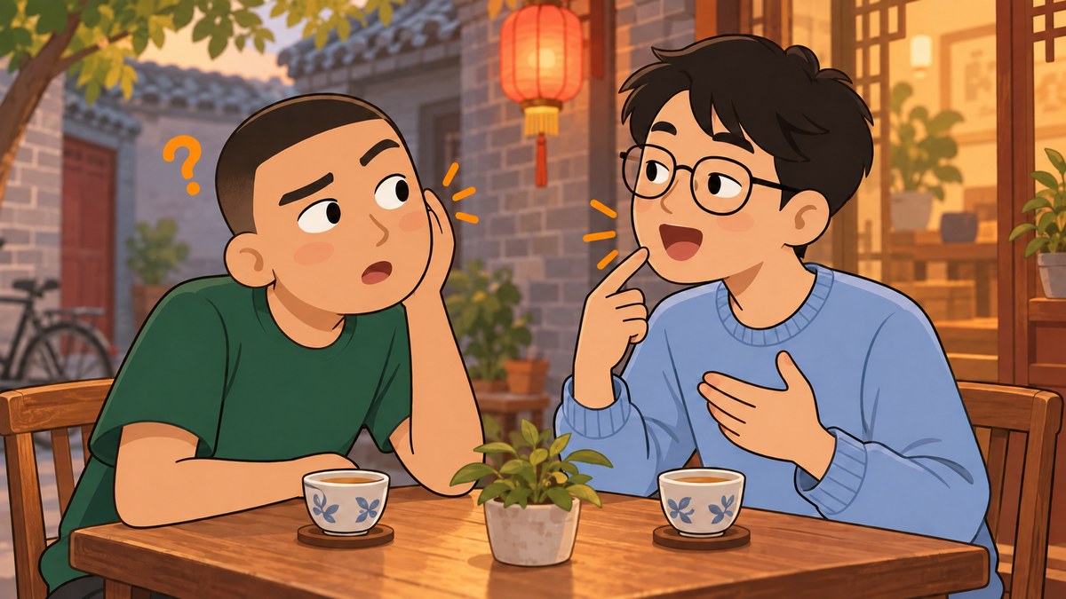 A foreign student and his Chinese friend having tea in a Beijing hutong