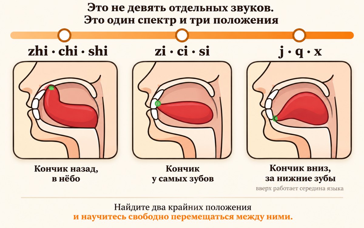 Спектр zh ch sh, z c s, j q x: три положения кончика языка