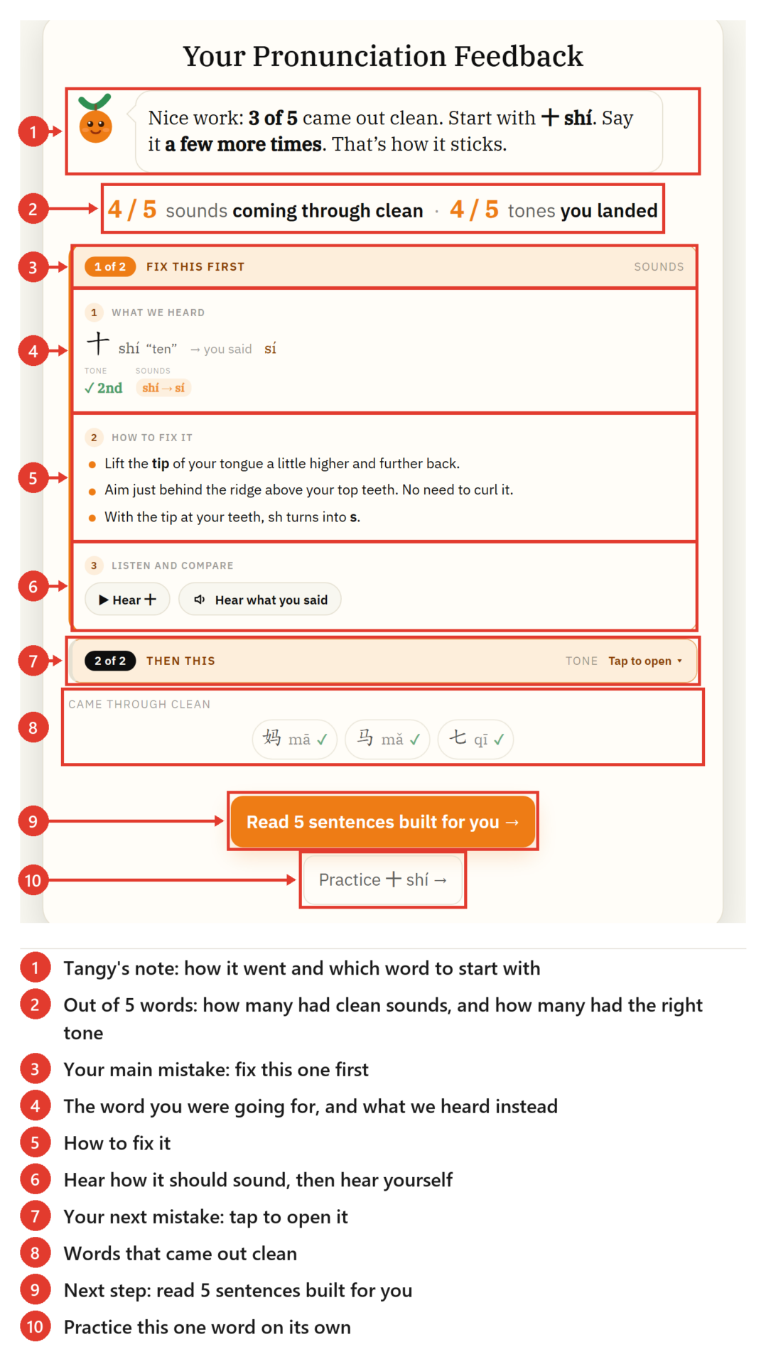 The feedback screen, labeled: a note from Tangy; how many of the 5 words you got right; your main mistake, what we heard, how to fix it, and buttons to compare; your next mistake; words that came out clean; and your next steps