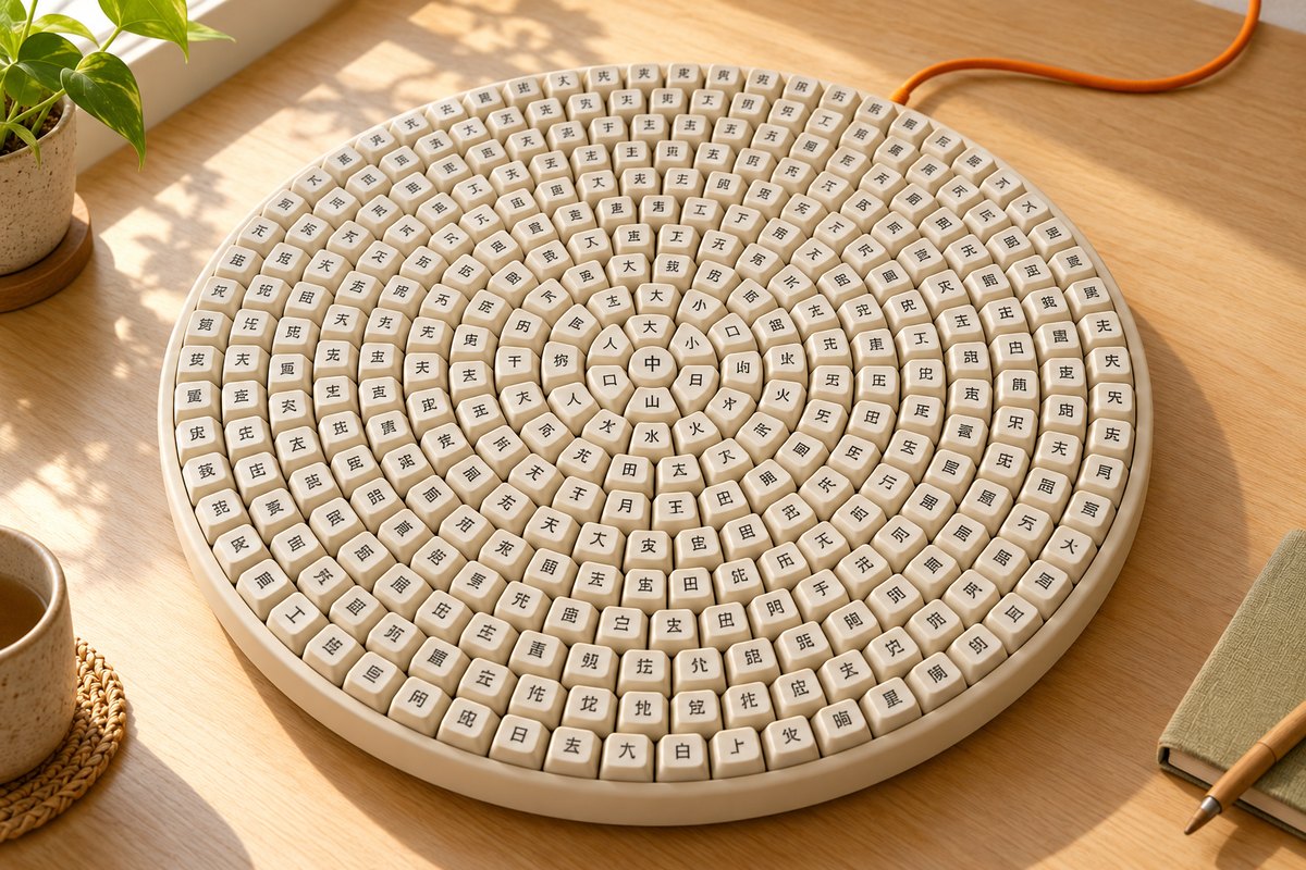 A huge round keyboard with a Chinese character on every key
