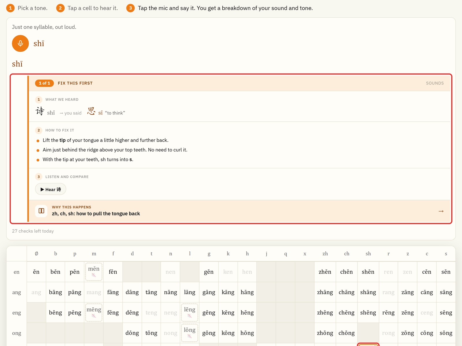 Pinyin chart feedback: you meant shī but said sī, with tips on where to put your tongue